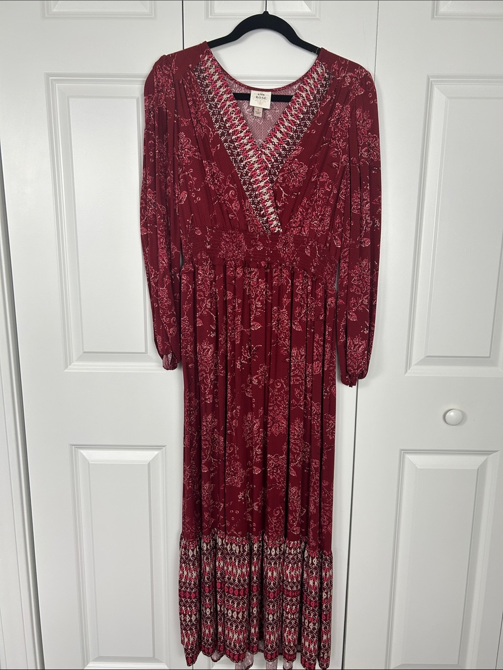 Knox Rose Burgundy Floral V-Neck Maxi Dress Size Large